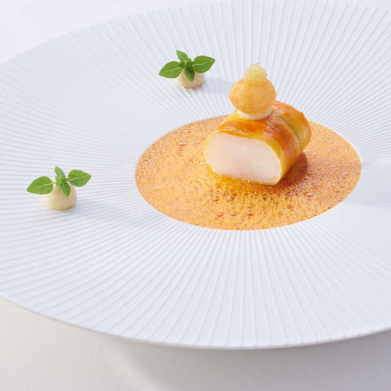 Kunstvoll angerichteter John Dory auf einem flachen Teller